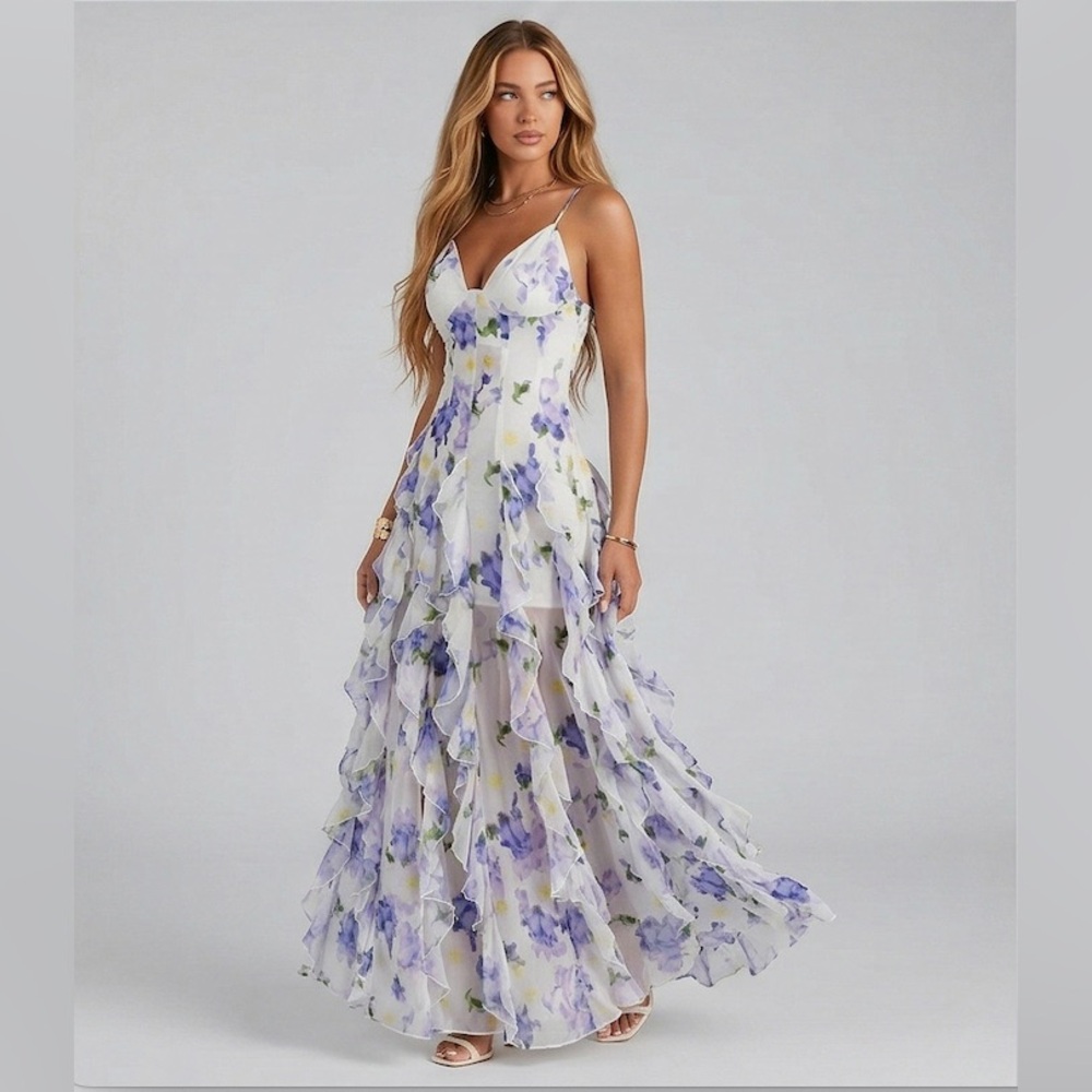 Floral V-Neck Tiered Ruffle Gown Maxi Dress | Purple & White - Picture 3 of 9